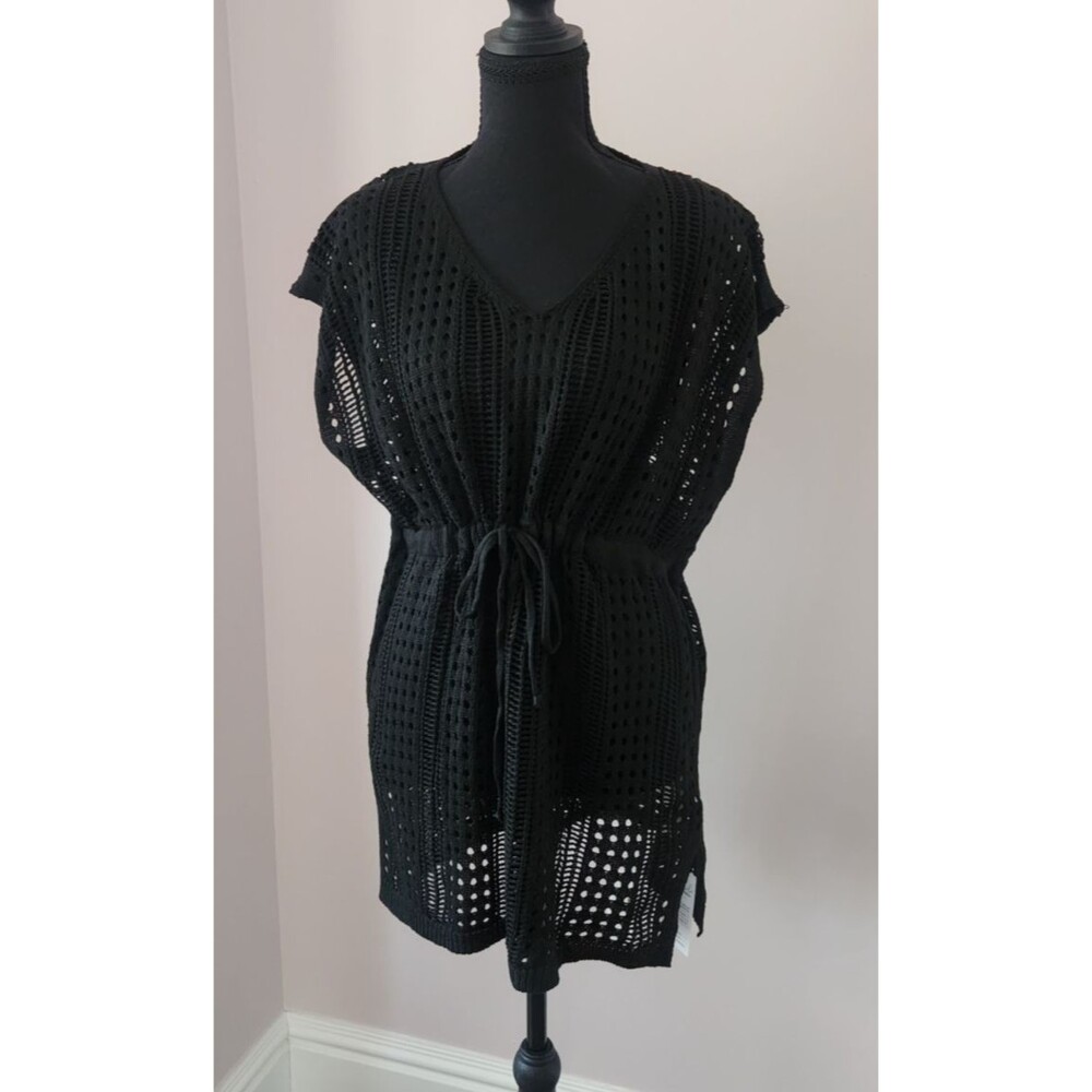 CUPSHE Black Crochet Cover Up Dress Womens Medium NWT VNeck Drawstring Swim Mini - Picture 3 of 9